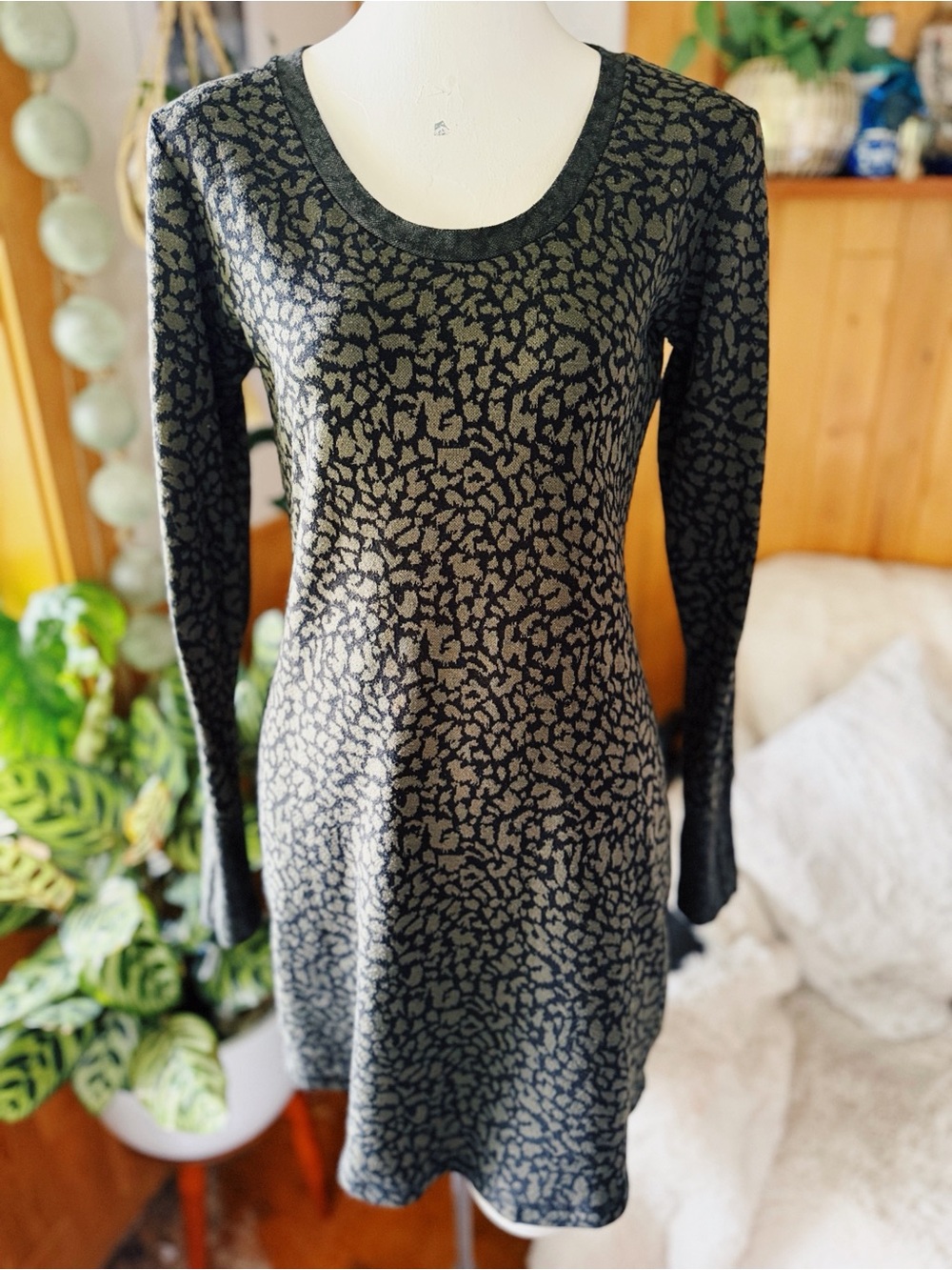 KAVU Women’s Small Leopard Animal Print Long Sleeve Tunic Dress Elbow Patches